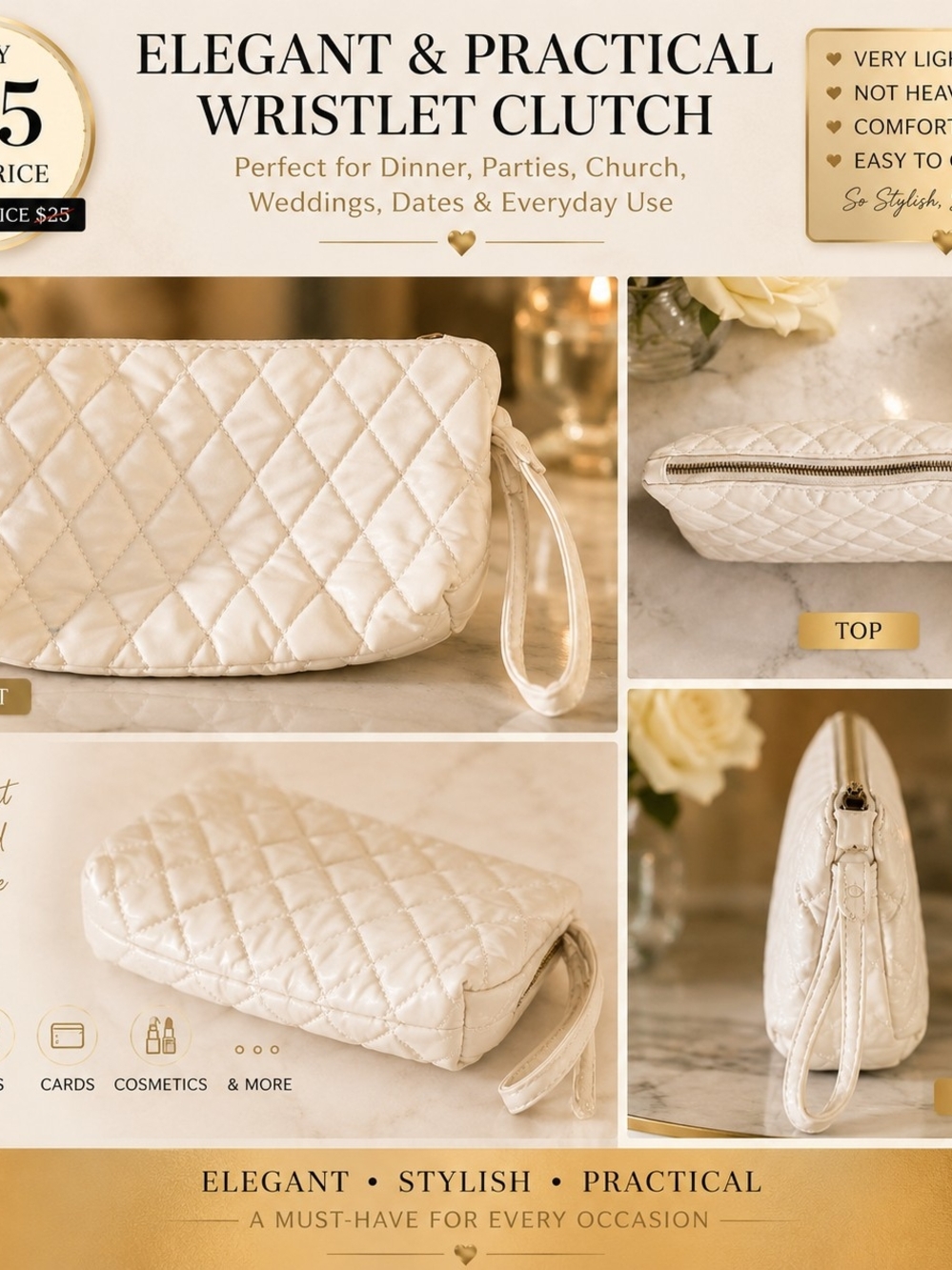 Elegant Cream Quilted Wristlet Clutch - Brand